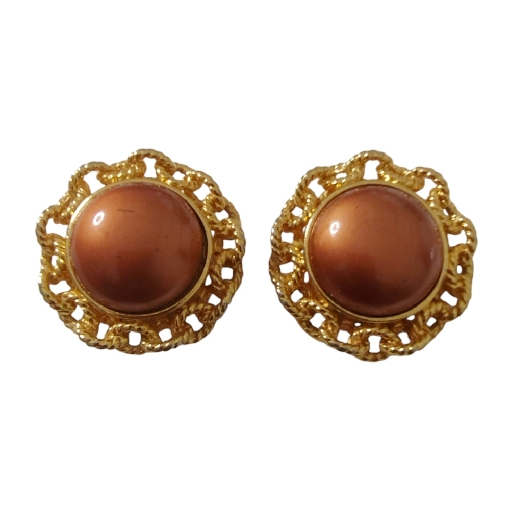 VINTAGE 1½" Elegant LARGE Classic‎ Clip-on Gold Color Chain Earrings with Bronze